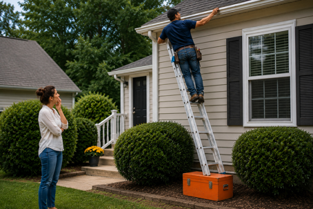 Contractor using unsafe ladder setup while working on residential property