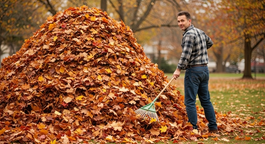 Man raking a large pile of fallen autumn leaves in a Rhode Island yard