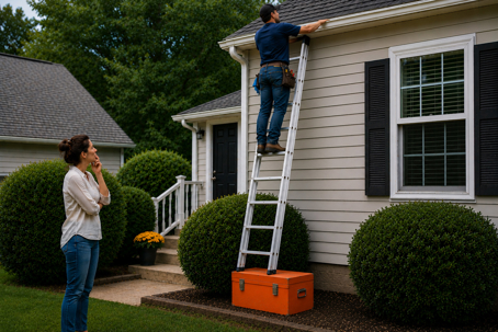 Contractor using unsafe ladder setup while working on residential property