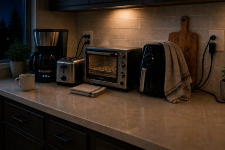 Modern kitchen at 3:15 a.m. with a toaster oven left on, light smoke from burning crumbs, and countertop appliances illustrating common kitchen safety hazards.