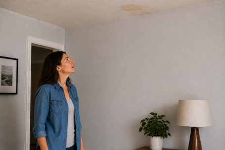 Woman discovers an air conditioning drip pan leak causing water damage in Rhode Island