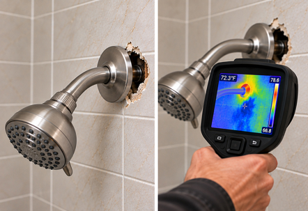 Damaged shower fixture with thermal imaging showing hidden moisture behind the bathroom wall