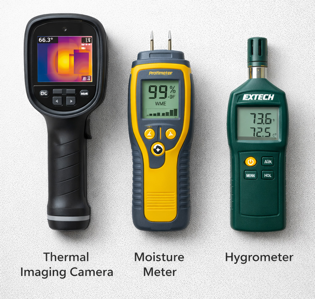 Thermal imaging camera, moisture meter, and hygrometer used by Single Source Disaster Recovery Specialists to detect hidden water damage.